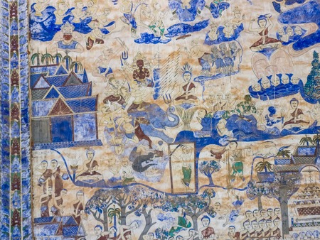 tradition Thai Painting on the wall in the temple at Maha Sarakham Province of Thailand . The temple open to the public to watch and allowed to take photos. (no restriction in copy or use)の写真素材