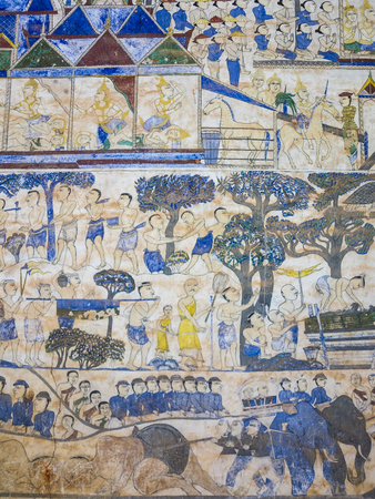 tradition Thai Painting on the wall in the temple at Maha Sarakham Province of Thailand . The temple open to the public to watch and allowed to take photos. (no restriction in copy or use)の写真素材