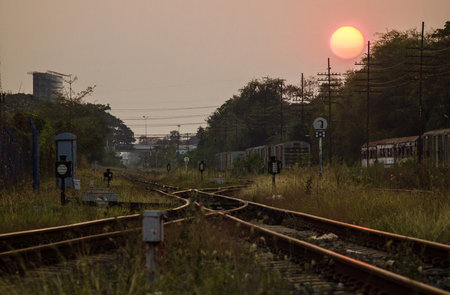 railway and sunset at chiangmai province, Thailand.