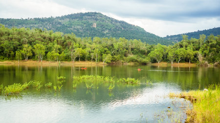 A serene mountain lake surrounded by lush green forest and hills, featuring red kayaks gliding across the calm water. Perfect for nature, outdoor activities, and travel themes.の写真素材