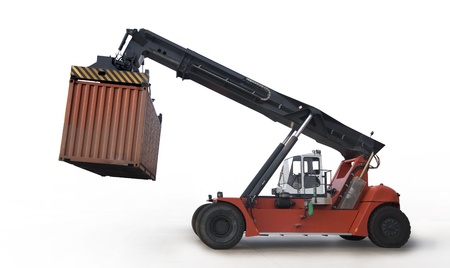 Crane lifting up container isolate on white の写真素材