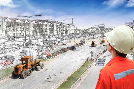 Graphic Bulldozer and steamroller on new road の写真素材