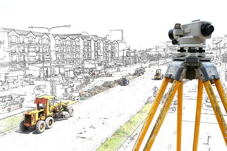 Graphic Bulldozer and steamroller on new road