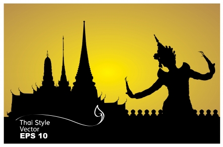thai dance woman with temple in thailand background silhouetteのイラスト素材