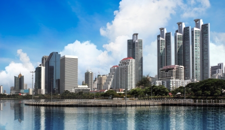 Panoramc picture Bangkok downtown skyscrapers on sunset  View from park