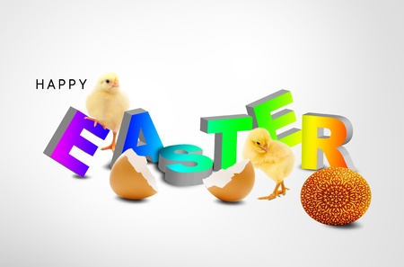 A fluffy yellow chick coming out of an easter egg shellの写真素材