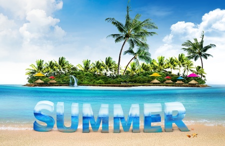 summer holiday background and island with palm treesの写真素材