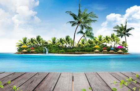 summer holiday background and island with palm treesの写真素材