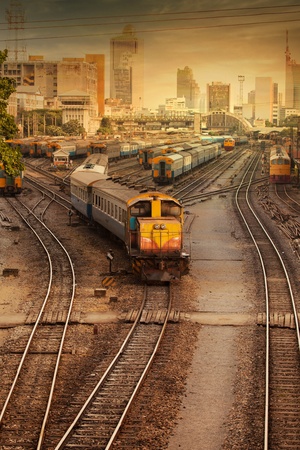 Railway Tracks at a Major Train Station at Sunset  