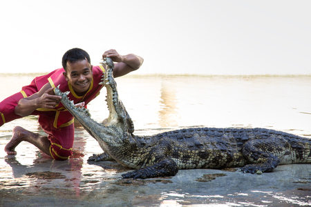 THAILAND, BANGKOK - NOVEMBER 2  An unidentified zoo keeper puts a head in a mouth of the crocodile as part of  Show of crocodiles  show on November 2, 2013 in Bangkok, Thailand のeditorial素材