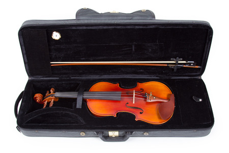 Violin and bow on white backgroundの写真素材