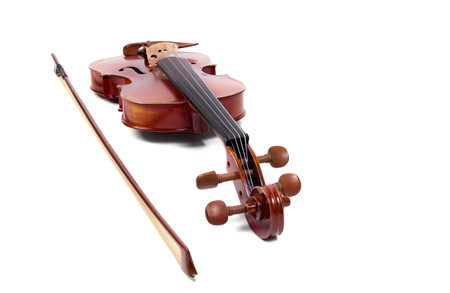 Violin and bow on white backgroundの写真素材