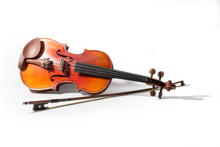 Violin and bow on white backgroundの写真素材