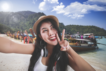 Thailand travel concept. asia travel selfie Asian womanの写真素材