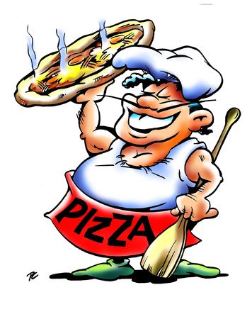 Happy Pizza Chef Mascot Holding Up A Pieの写真素材