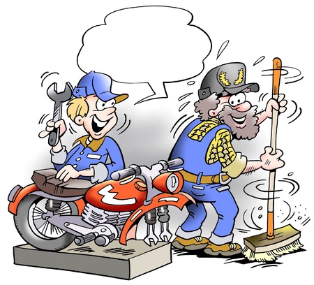 Young mechanic costing around with older employee の写真素材