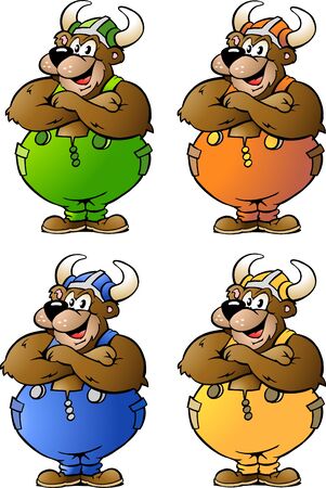 Hand-drawn Vector illustrations of 4 Viking Bear in Colored Overalls のイラスト素材