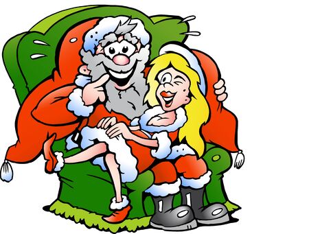 Hand-drawn illustration of an Santa Claus sitting with a cute Christmas girl の写真素材