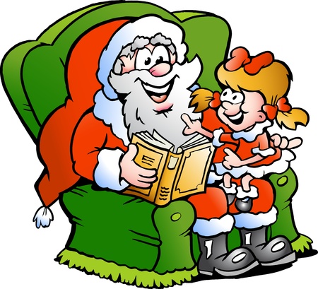 Hand-drawn illustration of an Santa Claus tells a story to an little girlの写真素材