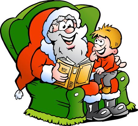 Hand-drawn illustration of an Santa Claus tells a story to an little boyの写真素材