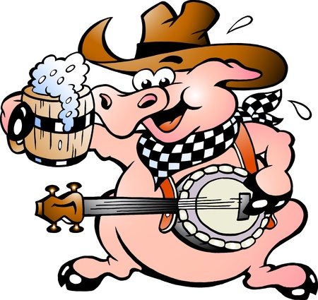 Hand-drawn illustration of an pig playing banjoの写真素材