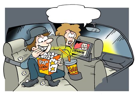 Daddy looking video movies on the back seatの写真素材