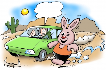 The rabbit runs much stronger than the electric carの写真素材