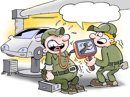 A mechanic has swallowed a wrenchの写真素材
