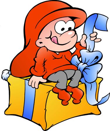 Hand-drawn Vector illustration of elf elf sitting on a giftのイラスト素材
