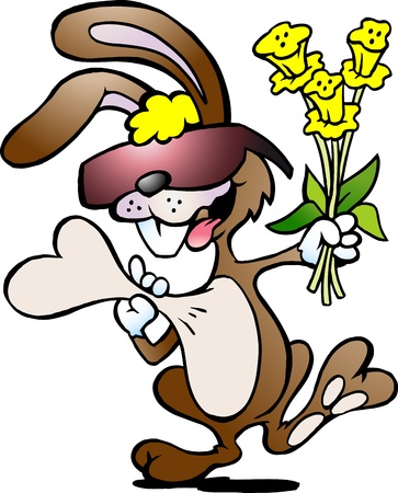 Hand-drawn Vector illustration of an happy rabbit with a bouquet of daffodilsのイラスト素材