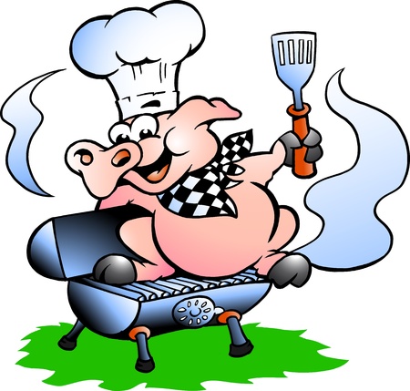 Hand-drawn Vector illustration of an Chef Pig standing on a BBQ barrelの写真素材