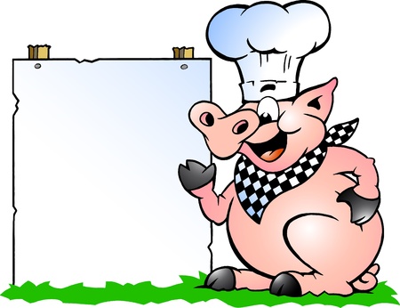 Hand-drawn Vector illustration of an Chef Pig standing and pointing towards a sign の写真素材