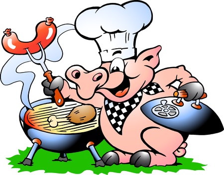 Hand-drawn Vector illustration of an Chef Pig standing and making BBQ のイラスト素材