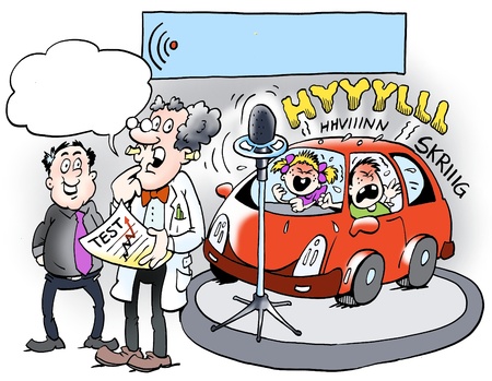 A professor testing the noise level in a new carの写真素材