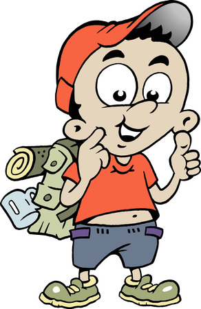 Hand-drawn illustration of an Happy Schoolboy  giving thumb upのイラスト素材