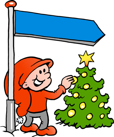 Hand-drawn Vector illustration of an Happy Christmas Elf looking at a Christmas Treeのイラスト素材