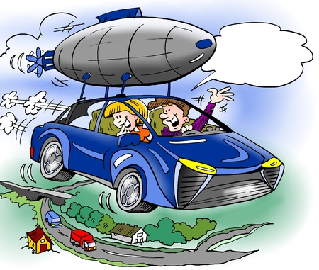 Cartoon illustration of a family has has bought extra equipment for their brand new hybrid carの写真素材