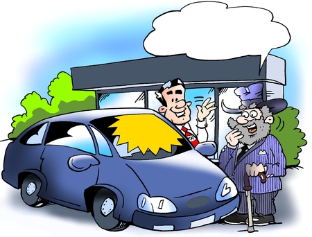 Cartoon illustration of a older man who is considering to buying a new smart carの写真素材