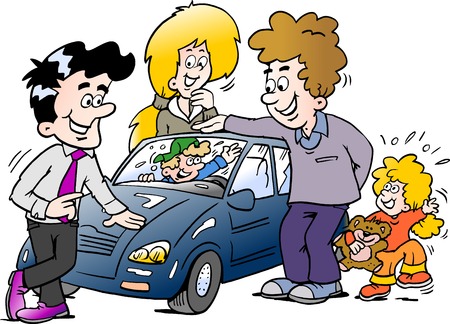 Cartoon Vector illustration of a family looking at a new auto carのイラスト素材