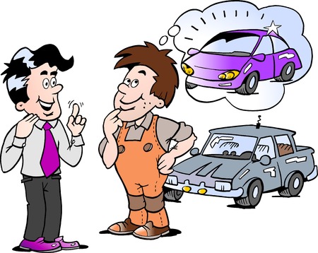 Cartoon Vector illustration of a young man there thinking of buying a new auto carのイラスト素材