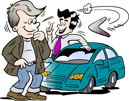 Cartoon Vector illustration of a car seller and a customer looking at a new auto carのイラスト素材