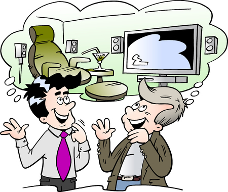 Cartoon Vector illustration of by a family man and a salesman thinking of the possibilities of the interiorのイラスト素材