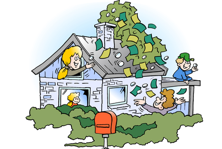 Cartoon Vector illustration of a happy family threre has borrowed money in the property's real estate valueのイラスト素材