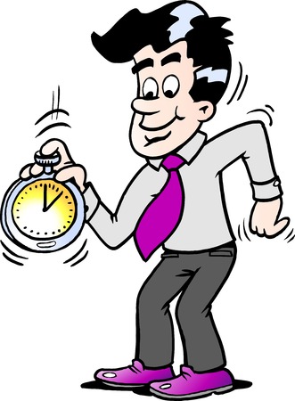 Cartoon illustration of a happy business man looking at a stopwatchのイラスト素材