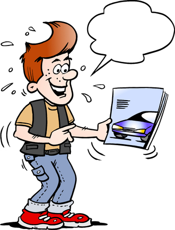 Cartoon Vector illustration of a young man there looking at a new sports car brochure folderのイラスト素材
