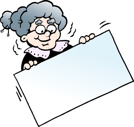 Cartoon vector illustration of a happy grandmother holding a sign.のイラスト素材