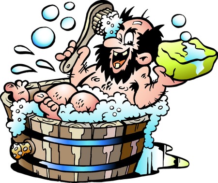 Cartoon Vector illustration of an Old dirty man who wash him selv in a Wooden Bathtub