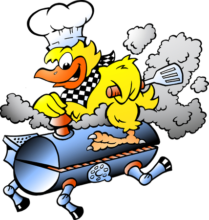 Cartoon Vector illustration of an Yellow Chicken riding a BBQ grill barrelのイラスト素材