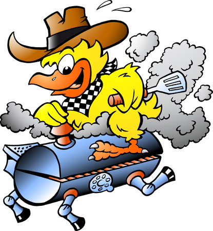 Cartoon Vector illustration of an Yellow Chicken riding a BBQ grill barrelのイラスト素材