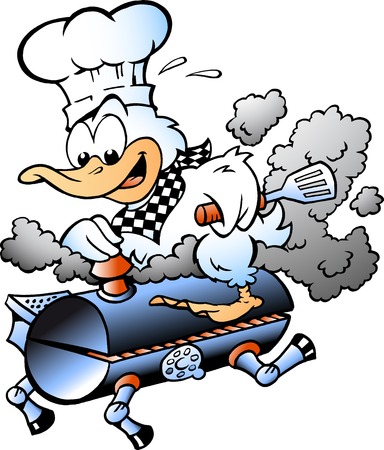 Cartoon Vector illustration of an Chef Duck riding a BBQ grill barrelのイラスト素材